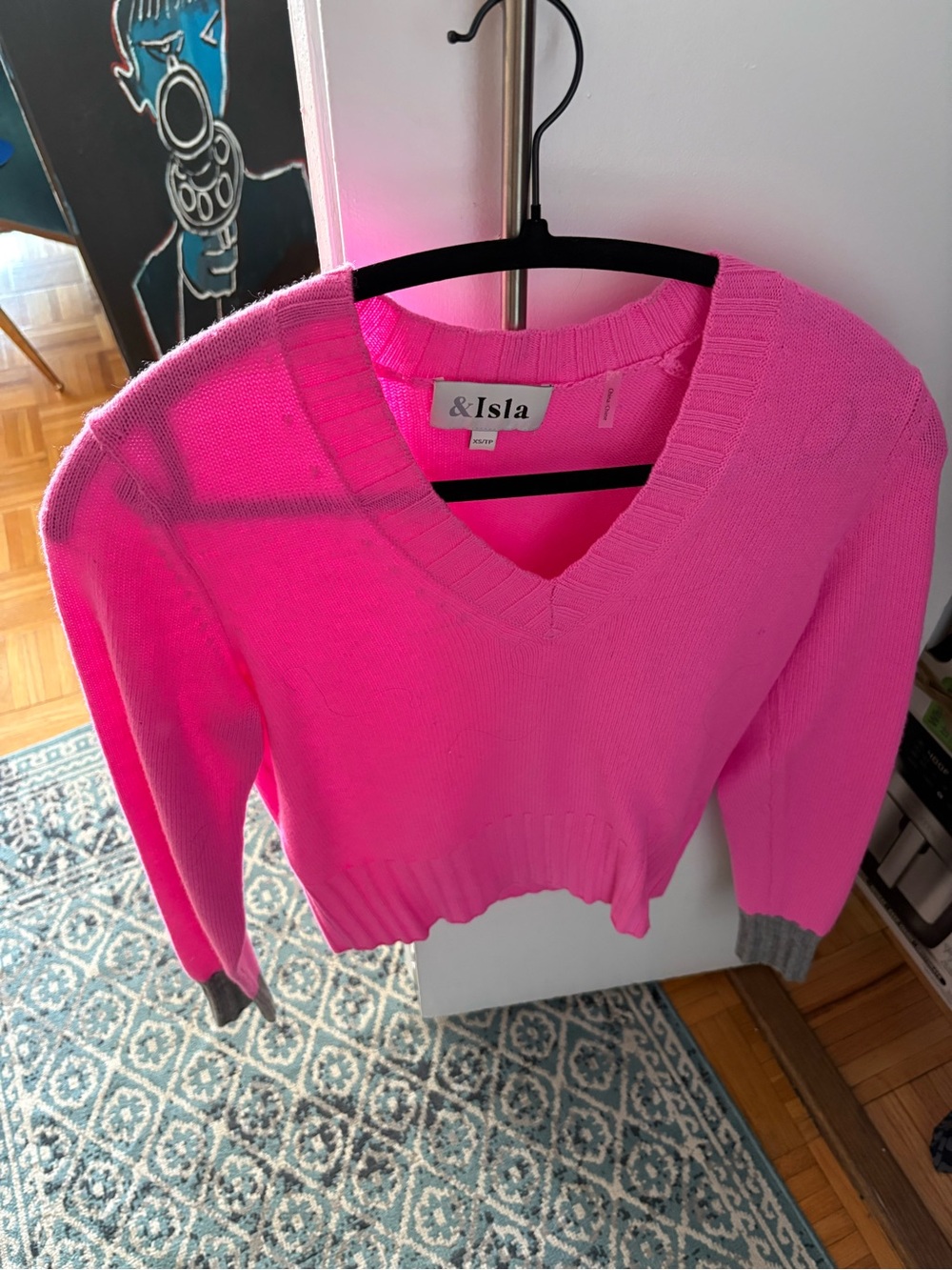 V-Neck Sweater in Bright Pink with Gray Cuffs